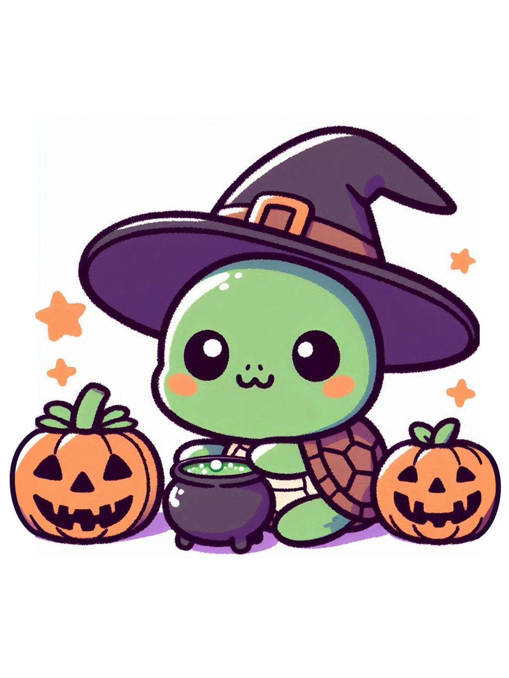 halloween cute animals drawings, featuring a witchy turtle with a large purple hat, surrounded by pumpkins and a bubbling cauldron.